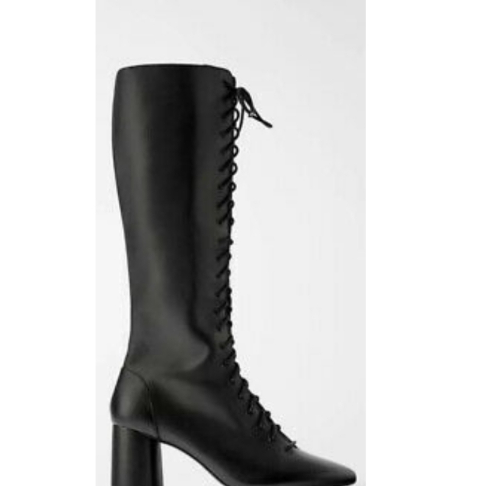 Zara ] laced  leather heeled boot
